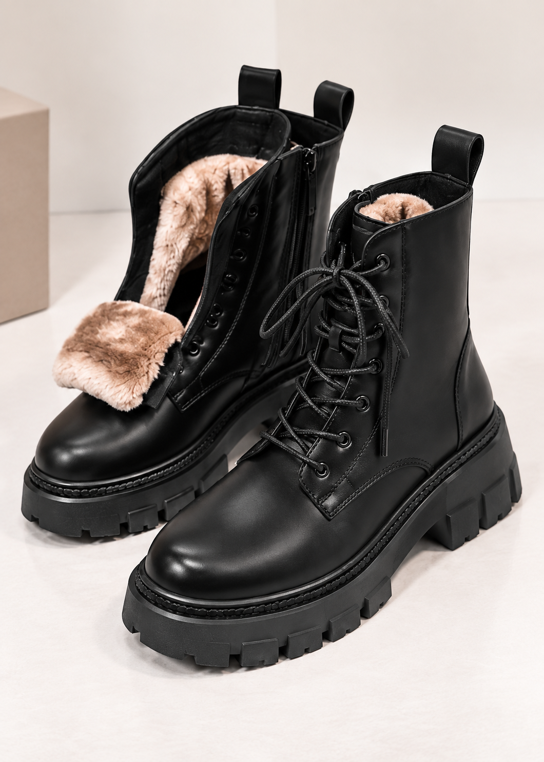 Sharon | Fur-Cuffed Lace-Up Ankle Winter Boots for Women