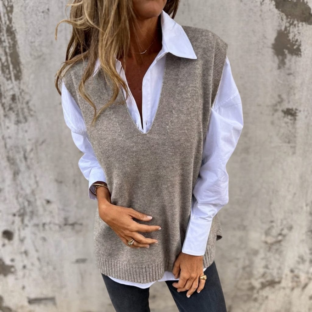 Sharon | Ribbed Knit Oversized Vest with V-Neck for Women