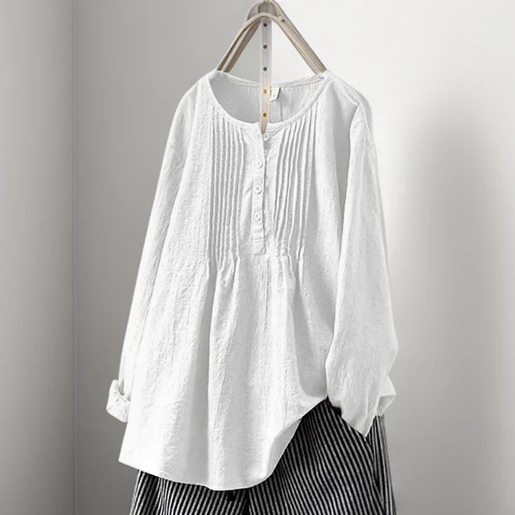 Shirley | Women's Pintucked Button Up Tunic Shirt with Round Neck