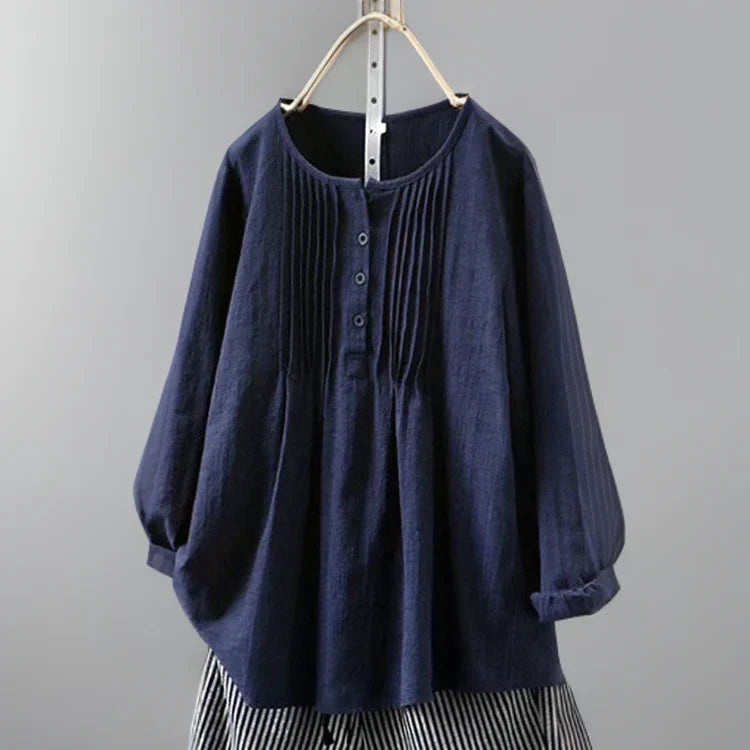 Shirley | Women's Pintucked Button Up Tunic Shirt with Round Neck