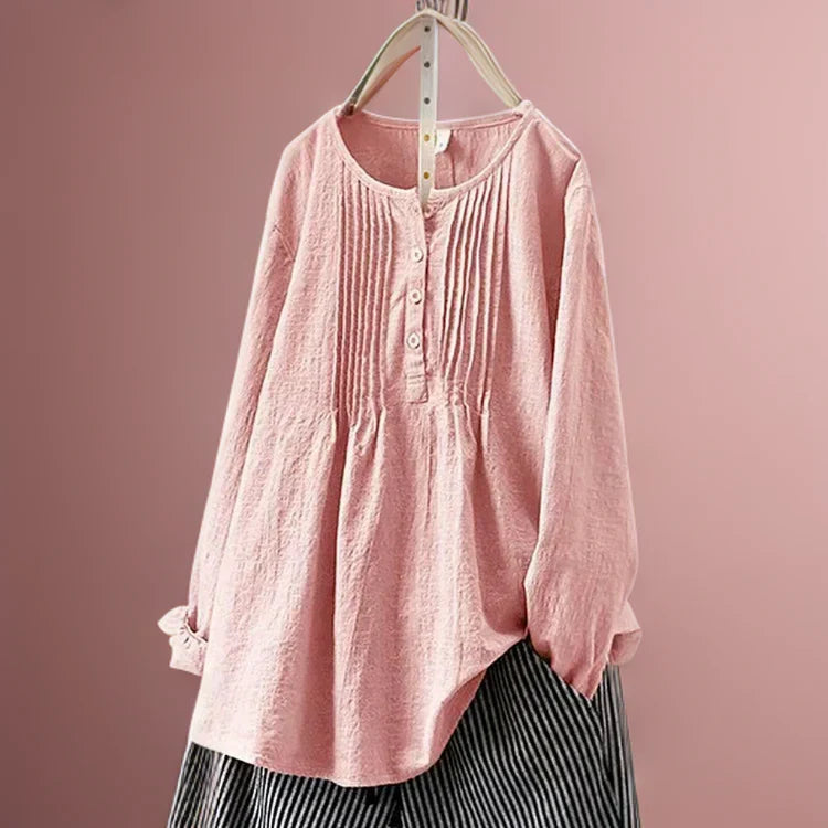 Shirley | Women's Pintucked Button Up Tunic Shirt with Round Neck