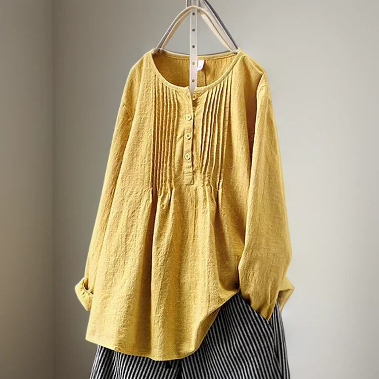 Shirley | Women's Pintucked Button Up Tunic Shirt with Round Neck