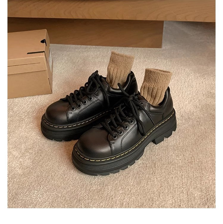 Platform Shoes - Chunky Lace Up Leather Look Women's Shoes