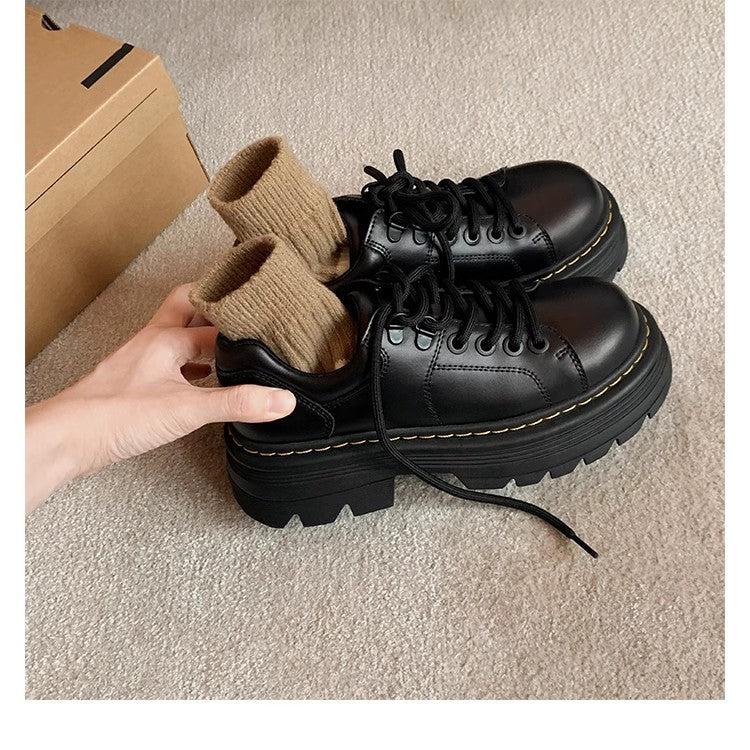 Platform Shoes - Chunky Lace Up Leather Look Women's Shoes