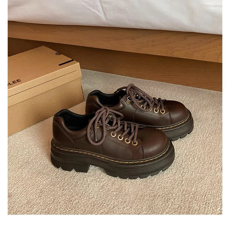 Platform Shoes - Chunky Lace Up Leather Look Women's Shoes
