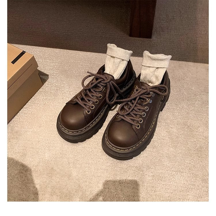 Platform Shoes - Chunky Lace Up Leather Look Women's Shoes