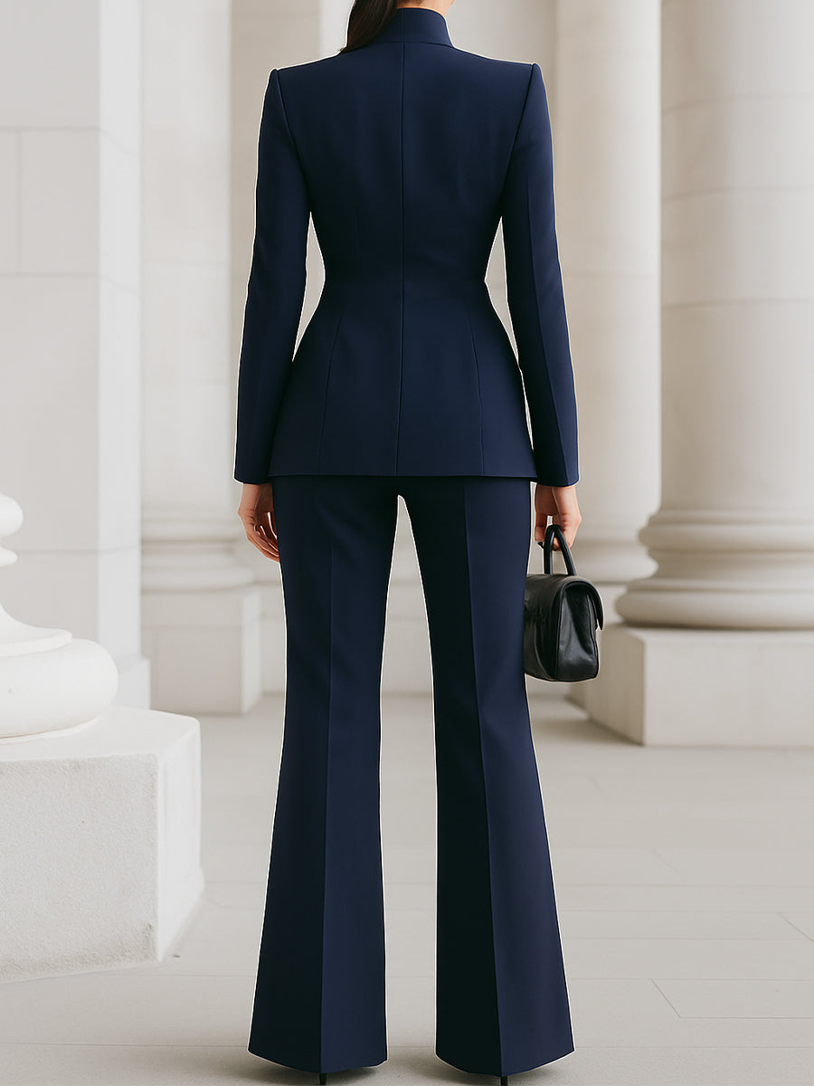 Women's Tailored Suit Set, High Collar Blazer, Wide Leg Trousers