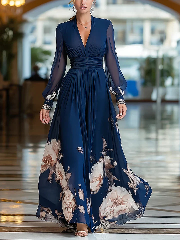 Sian | V-Neck Floral Wedding Guest Maxi Dress with Long Sleeves