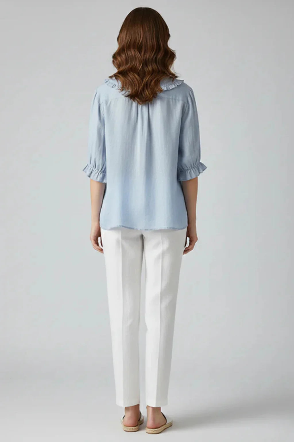 Sian | Women's Button Up Ruffle Collar Blouse with Frill Sleeves and Round Neck