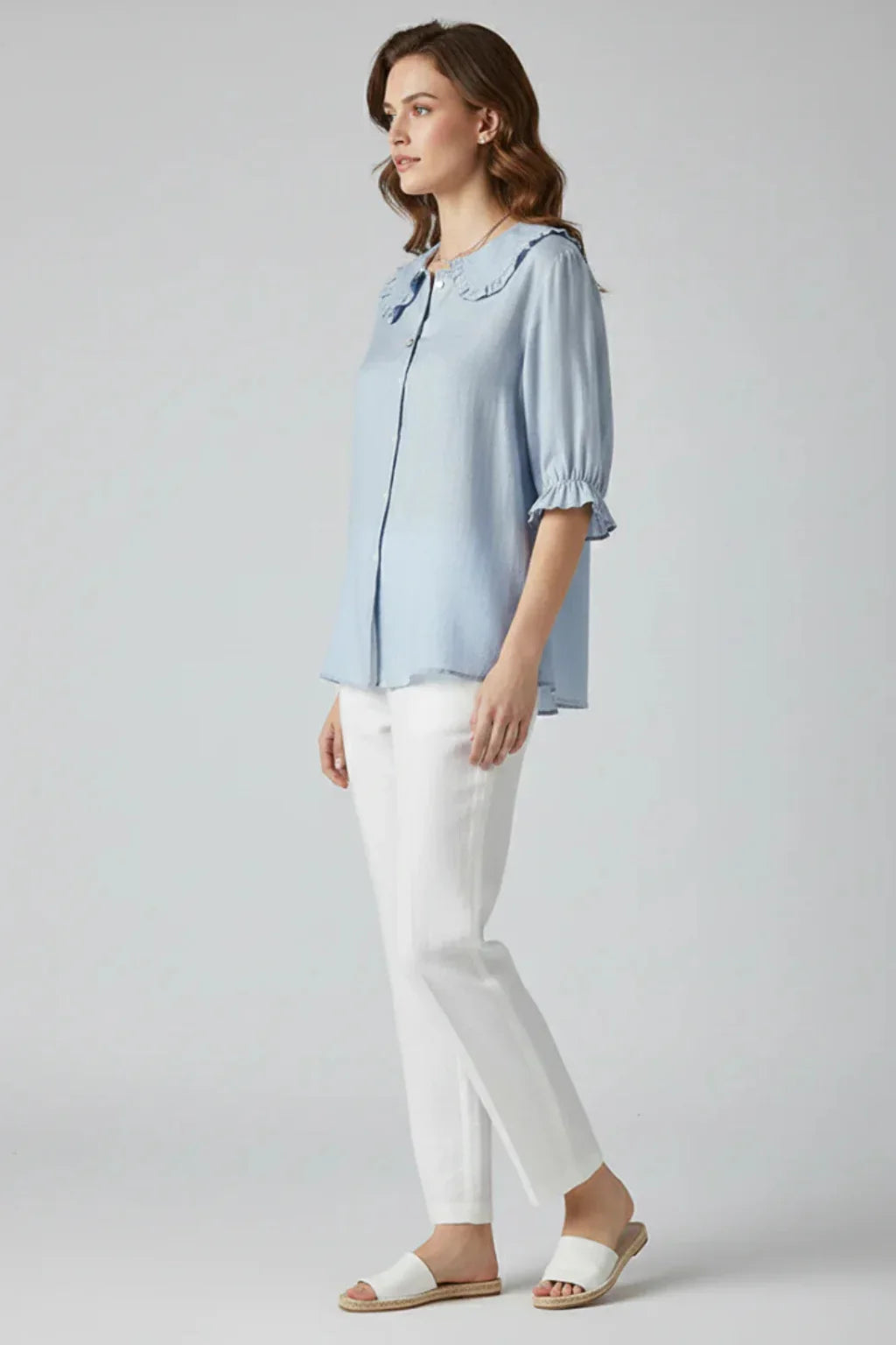 Sian | Women's Button Up Ruffle Collar Blouse with Frill Sleeves and Round Neck