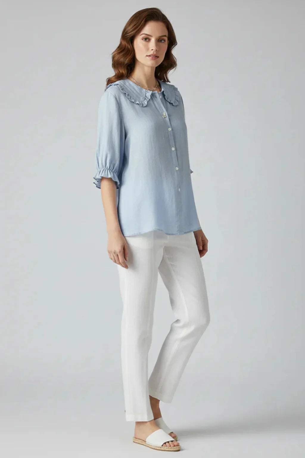 Sian | Women's Button Up Ruffle Collar Blouse with Frill Sleeves and Round Neck