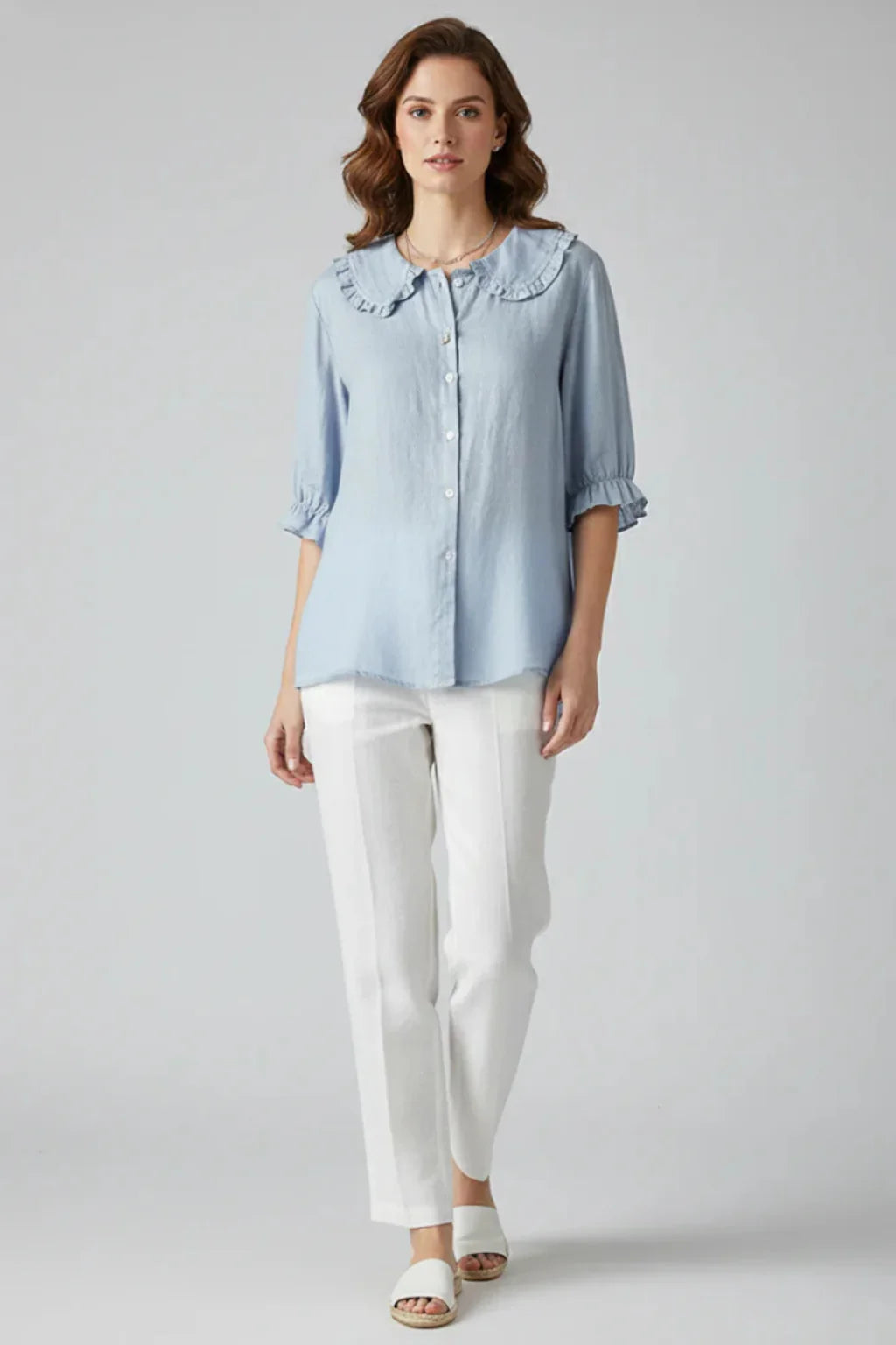 Sian | Women's Button Up Ruffle Collar Blouse with Frill Sleeves and Round Neck