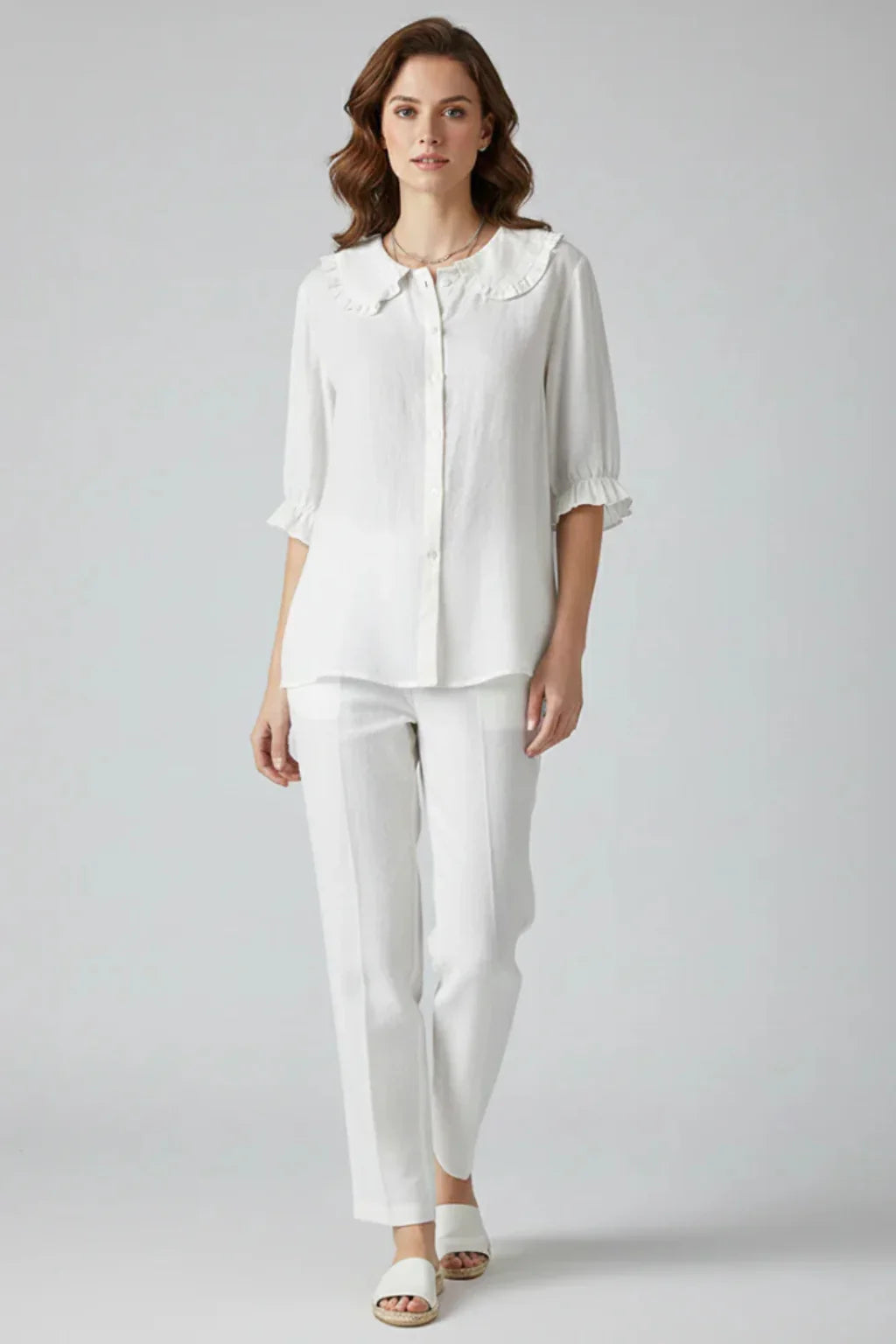 Sian | Women's Button Up Ruffle Collar Blouse with Frill Sleeves and Round Neck