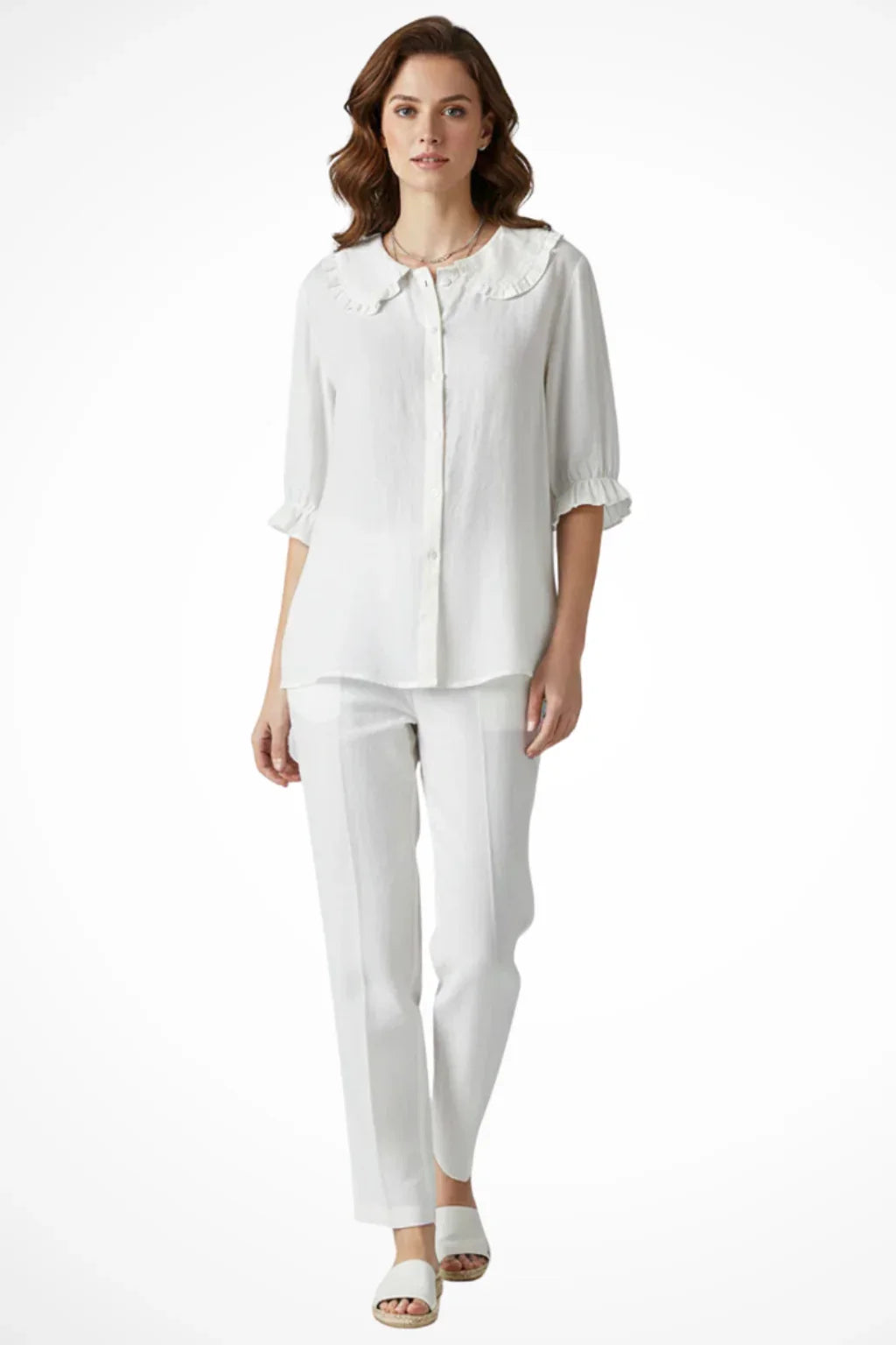 Sian | Women's Button Up Ruffle Collar Blouse with Frill Sleeves and Round Neck