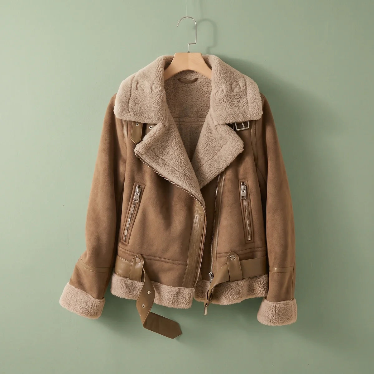 Sienna Belted Faux Shearling Aviator Jacket