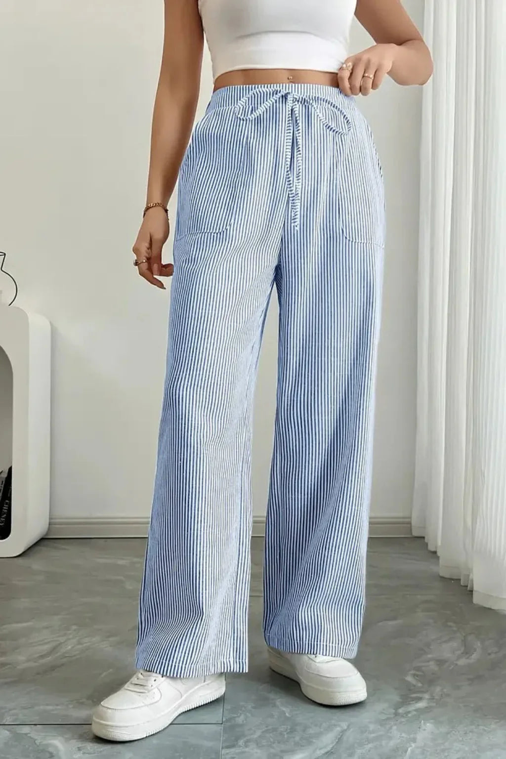 Sienna | Women's Striped Wide Leg Trouser with Drawstring Waist and Side Pockets
