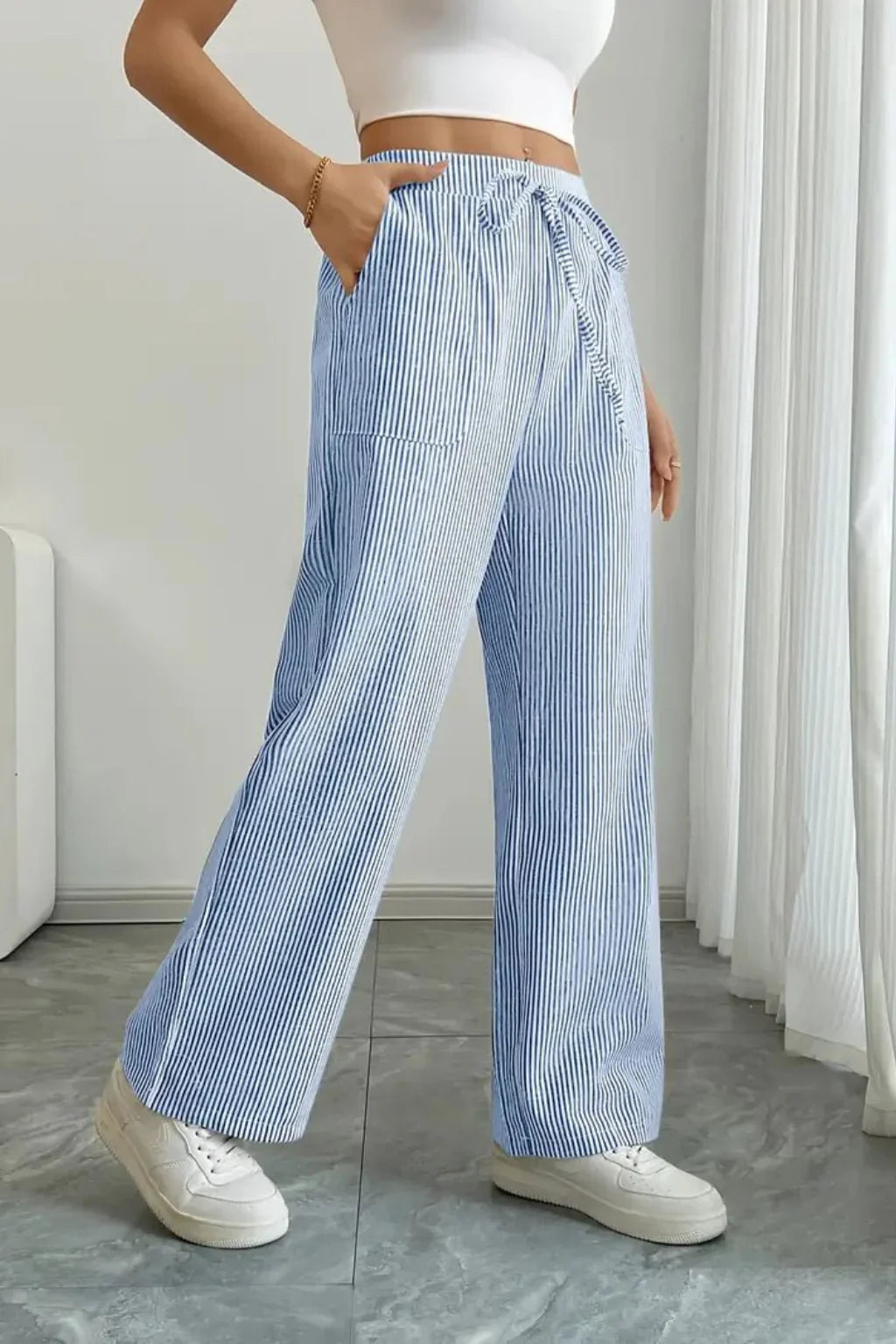 Sienna | Women's Striped Wide Leg Trouser with Drawstring Waist and Side Pockets
