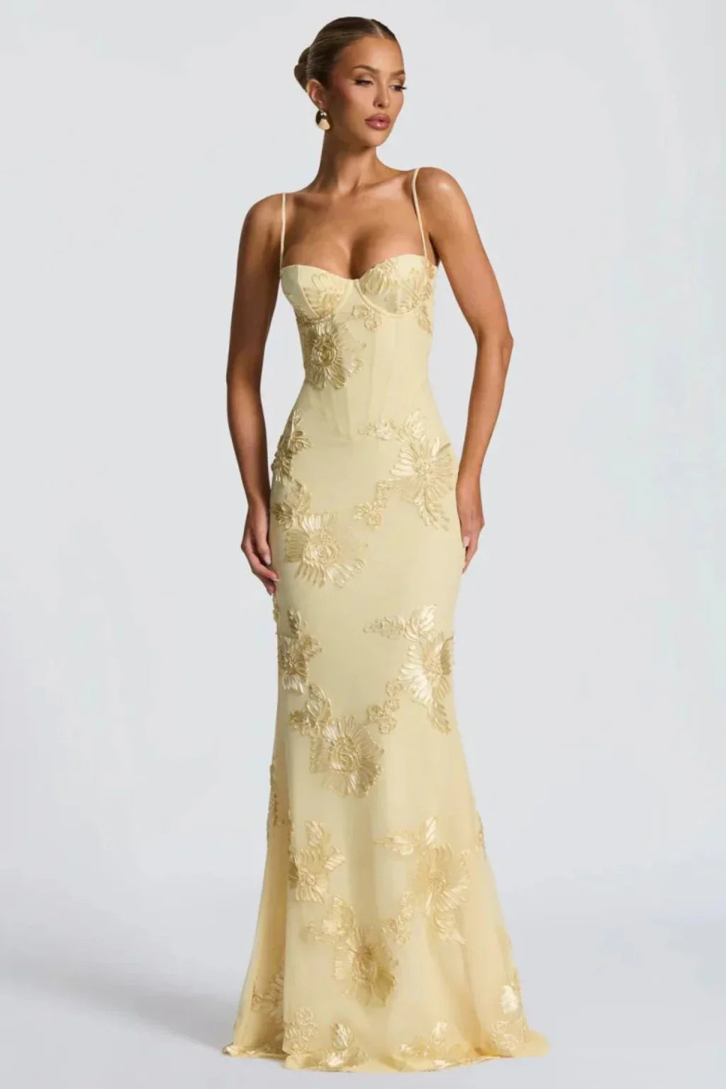 Skye | Floral Embroidered Corset Wedding Guest Maxi Dress with Cami Straps