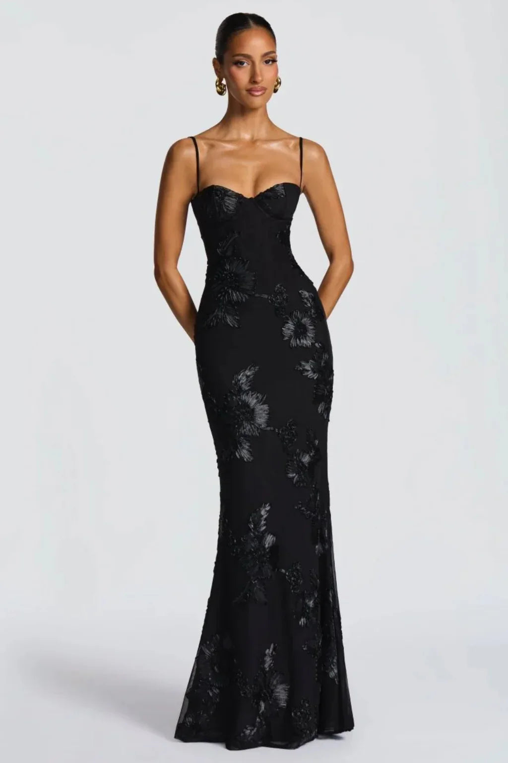 Skye | Floral Embroidered Corset Wedding Guest Maxi Dress with Cami Straps