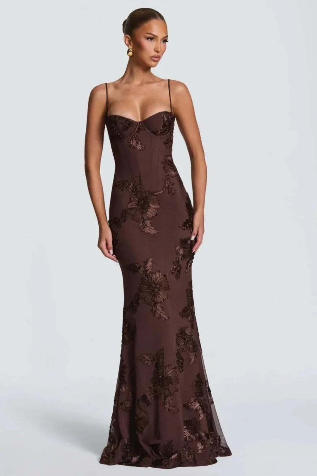 Skye | Floral Embroidered Corset Wedding Guest Maxi Dress with Cami Straps