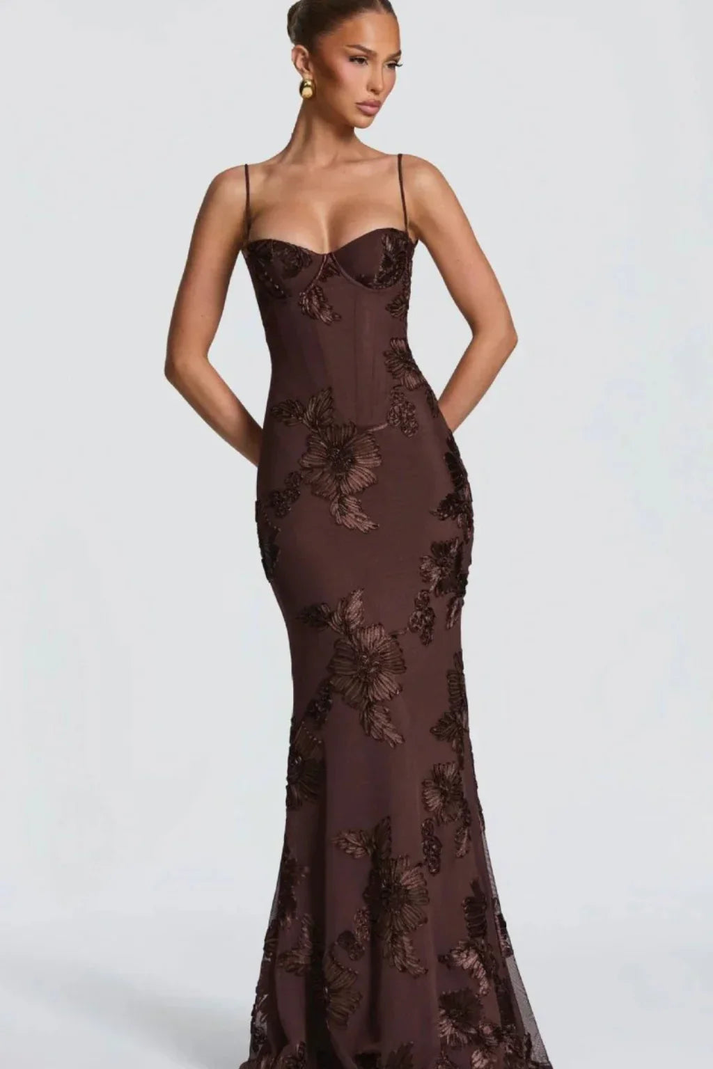 Skye | Floral Embroidered Corset Wedding Guest Maxi Dress with Cami Straps