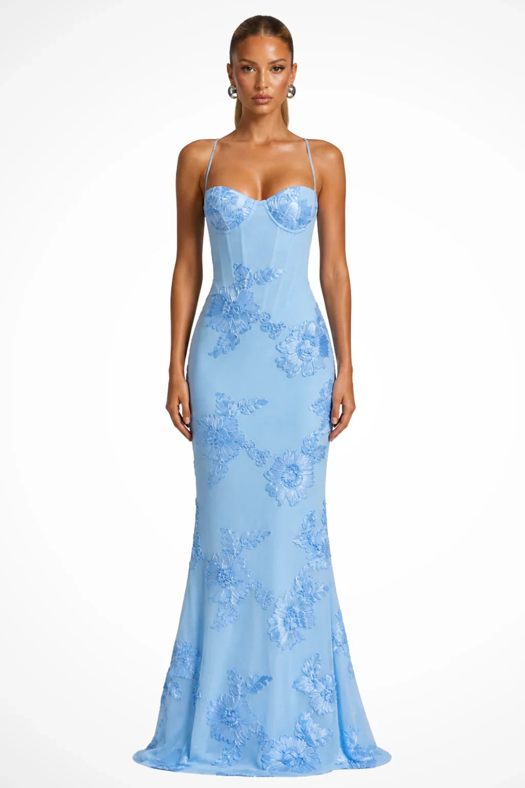 Skye | Floral Embroidered Corset Wedding Guest Maxi Dress with Cami Straps
