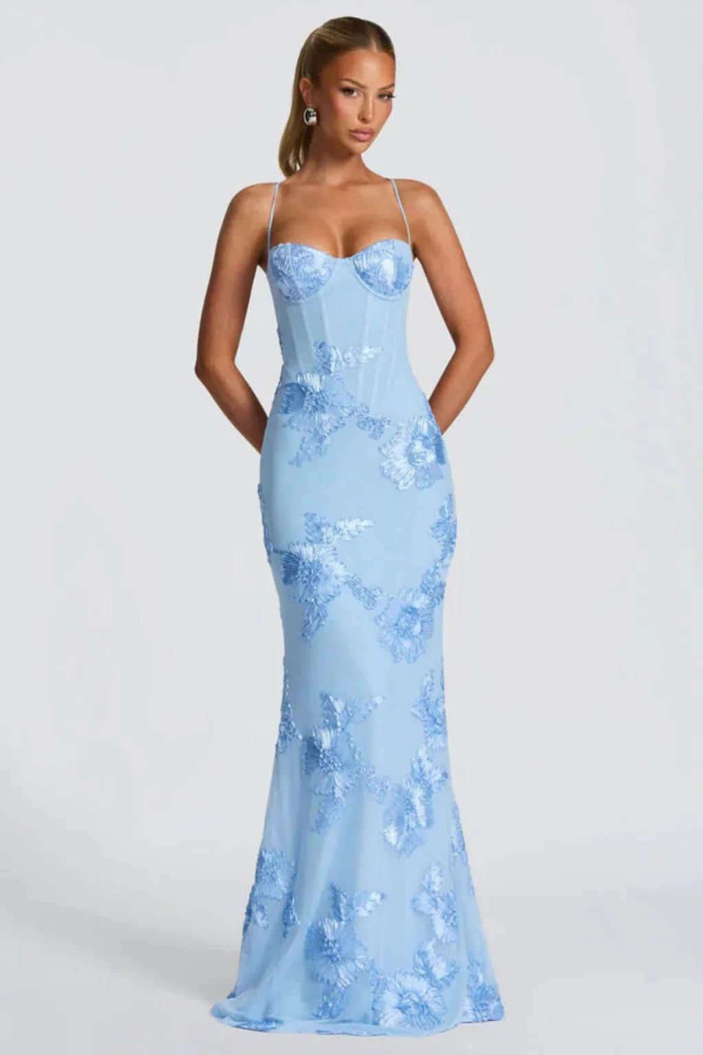 Skye | Floral Embroidered Corset Wedding Guest Maxi Dress with Cami Straps