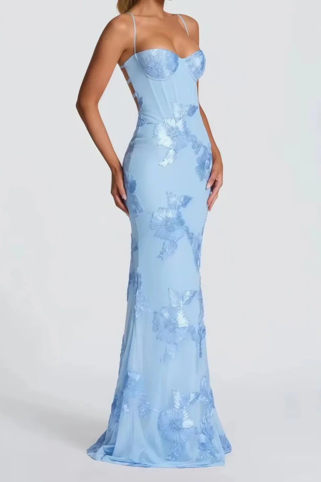 Skye | Floral Embroidered Corset Wedding Guest Maxi Dress with Cami Straps