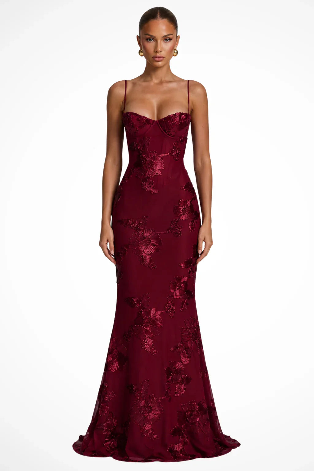 Skye | Floral Embroidered Corset Wedding Guest Maxi Dress with Cami Straps
