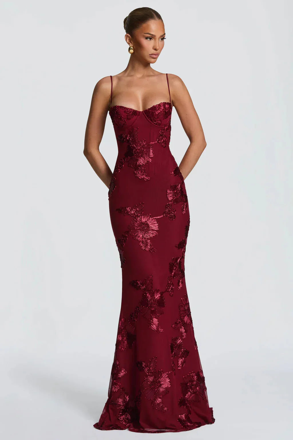 Skye | Floral Embroidered Corset Wedding Guest Maxi Dress with Cami Straps