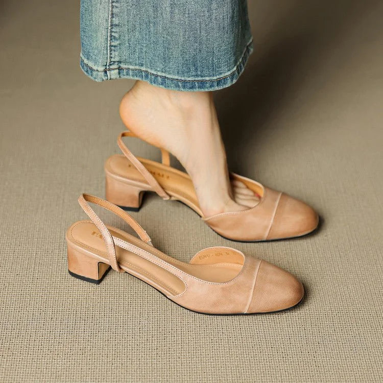 Slingback pumps genuine leather almond toe block heel