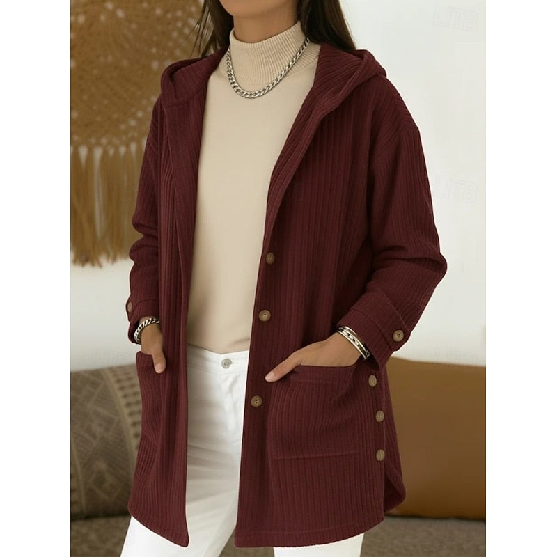 Women's Coat with Down Filling and Hood | Button Front, Pockets | For Winter | Size S-3XL | Coffee, Pink, Navy Blue, Wine Red