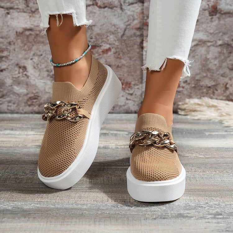 Sneakers For Women | Knit Platform Gold Chain Slip-On