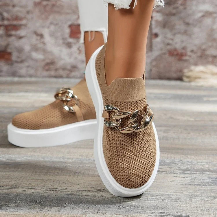 Sneakers For Women | Knit Platform Gold Chain Slip-On