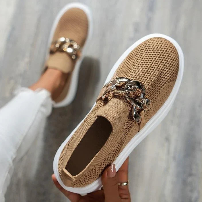 Sneakers For Women | Knit Platform Gold Chain Slip-On