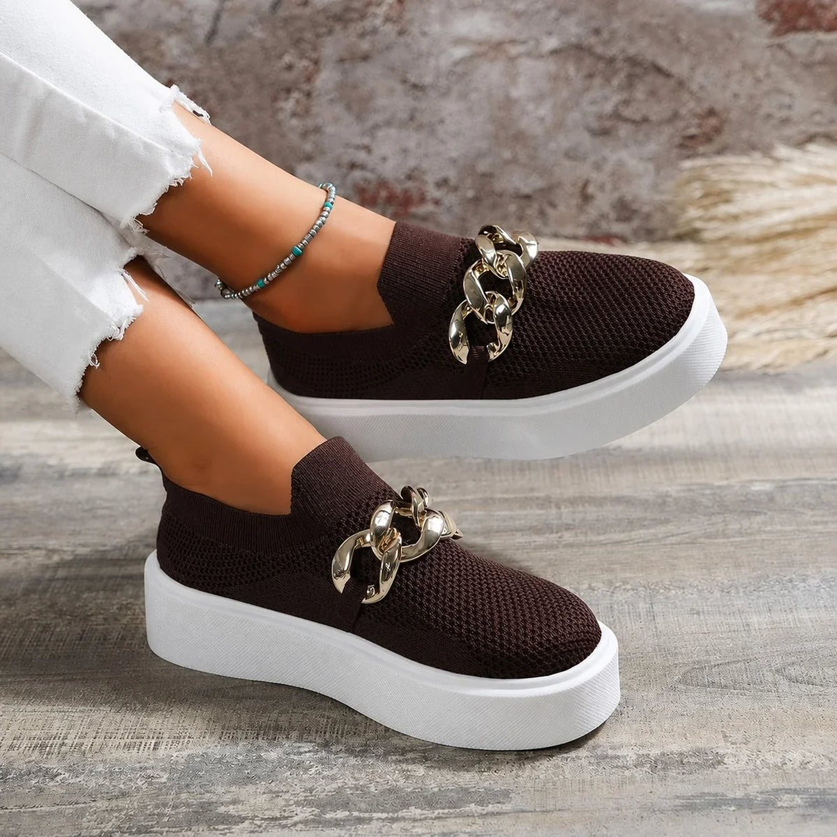 Sneakers For Women | Knit Platform Gold Chain Slip-On