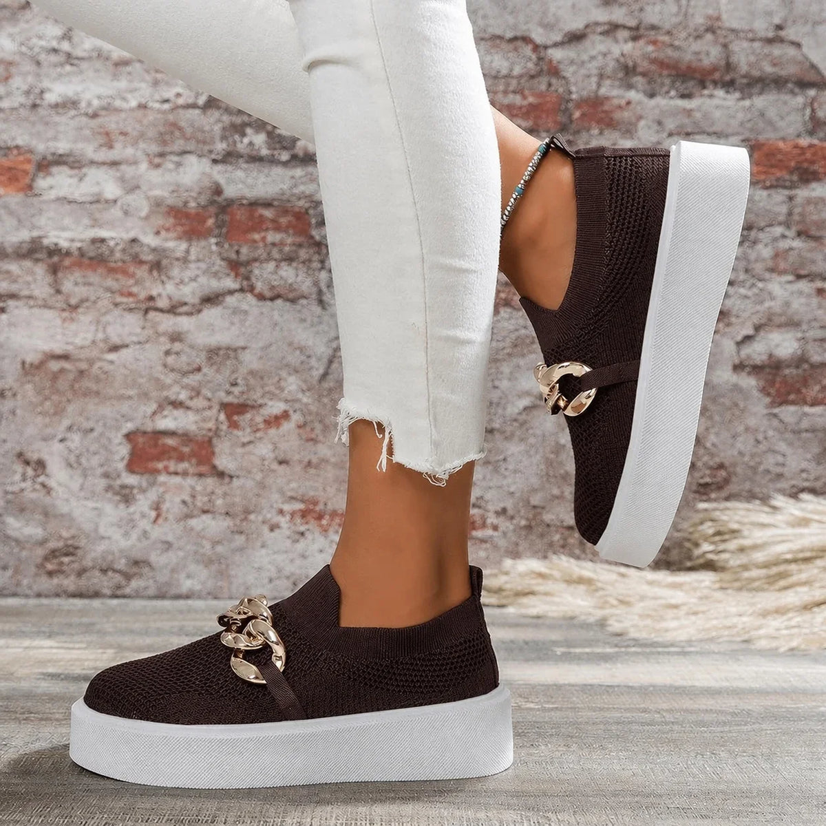 Sneakers For Women | Knit Platform Gold Chain Slip-On