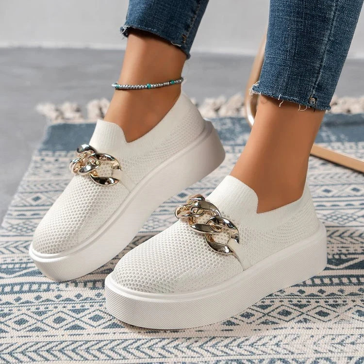 Sneakers For Women | Knit Platform Gold Chain Slip-On