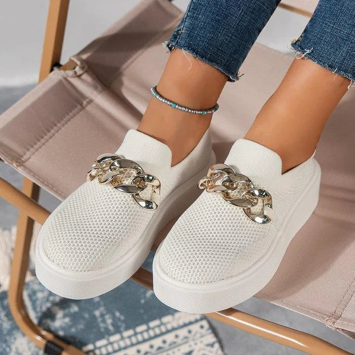 Sneakers For Women | Knit Platform Gold Chain Slip-On