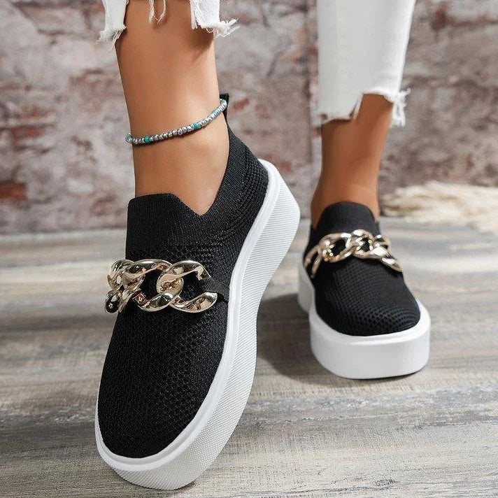 Sneakers For Women | Knit Platform Gold Chain Slip-On