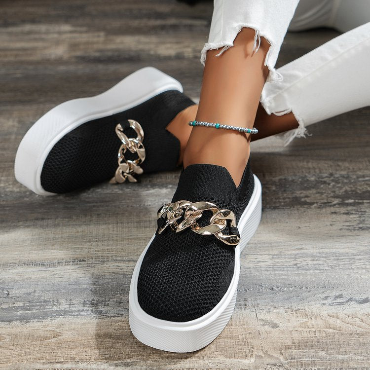 Sneakers For Women | Knit Platform Gold Chain Slip-On