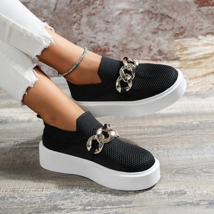Sneakers For Women | Knit Platform Gold Chain Slip-On