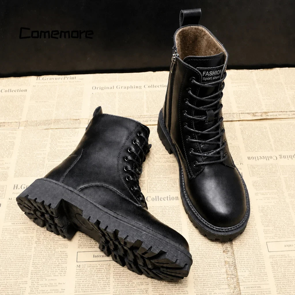 Snow Boots For Women | Black Lace-Up Ankle Side Zip
