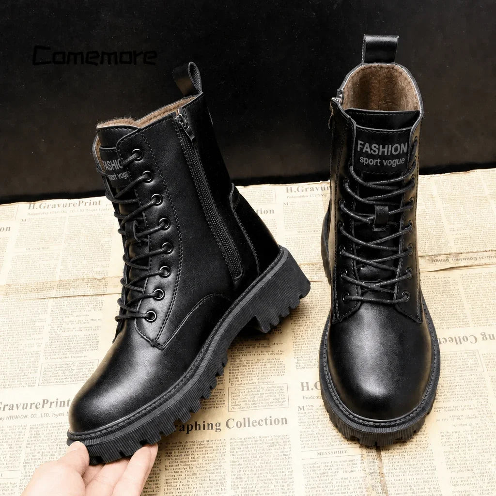 Snow Boots For Women | Black Lace-Up Ankle Side Zip