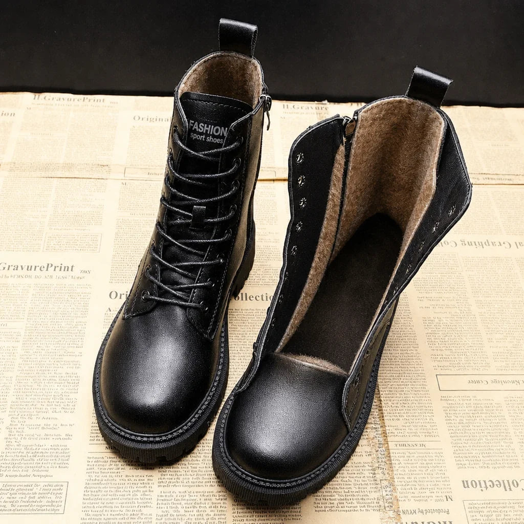 Snow Boots For Women | Black Lace-Up Ankle Side Zip