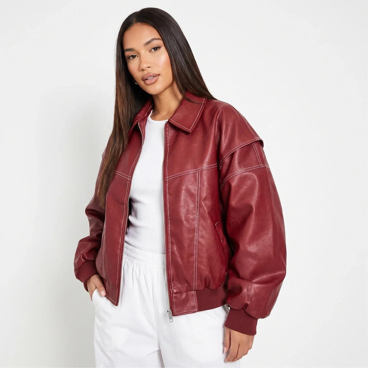Solveig Collared Leather Bomber Jacket