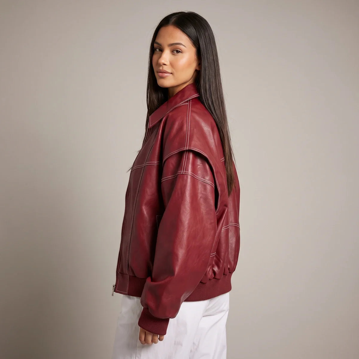 Solveig Collared Leather Bomber Jacket