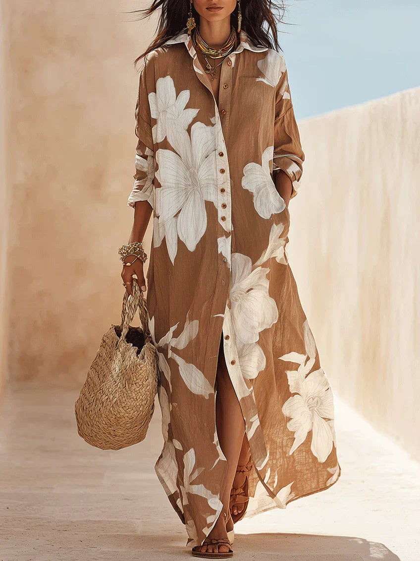 Sophia | Floral Shirt Maxi Dress with Spread Collar and Long Sleeves