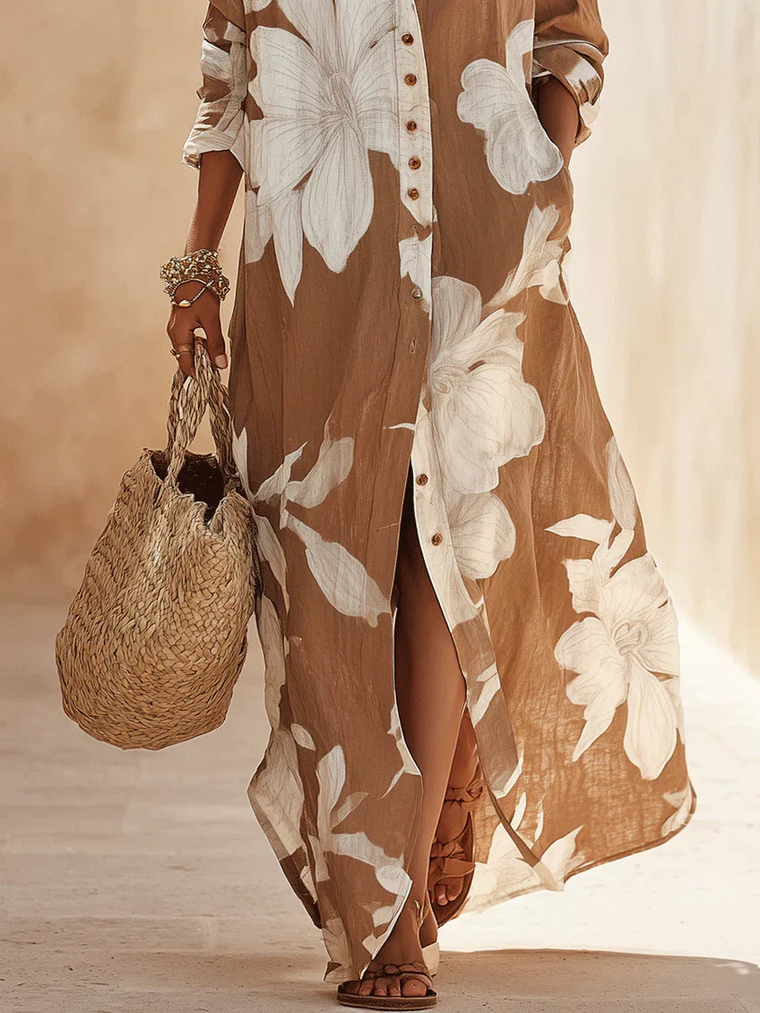 Sophia | Floral Shirt Maxi Dress with Spread Collar and Long Sleeves