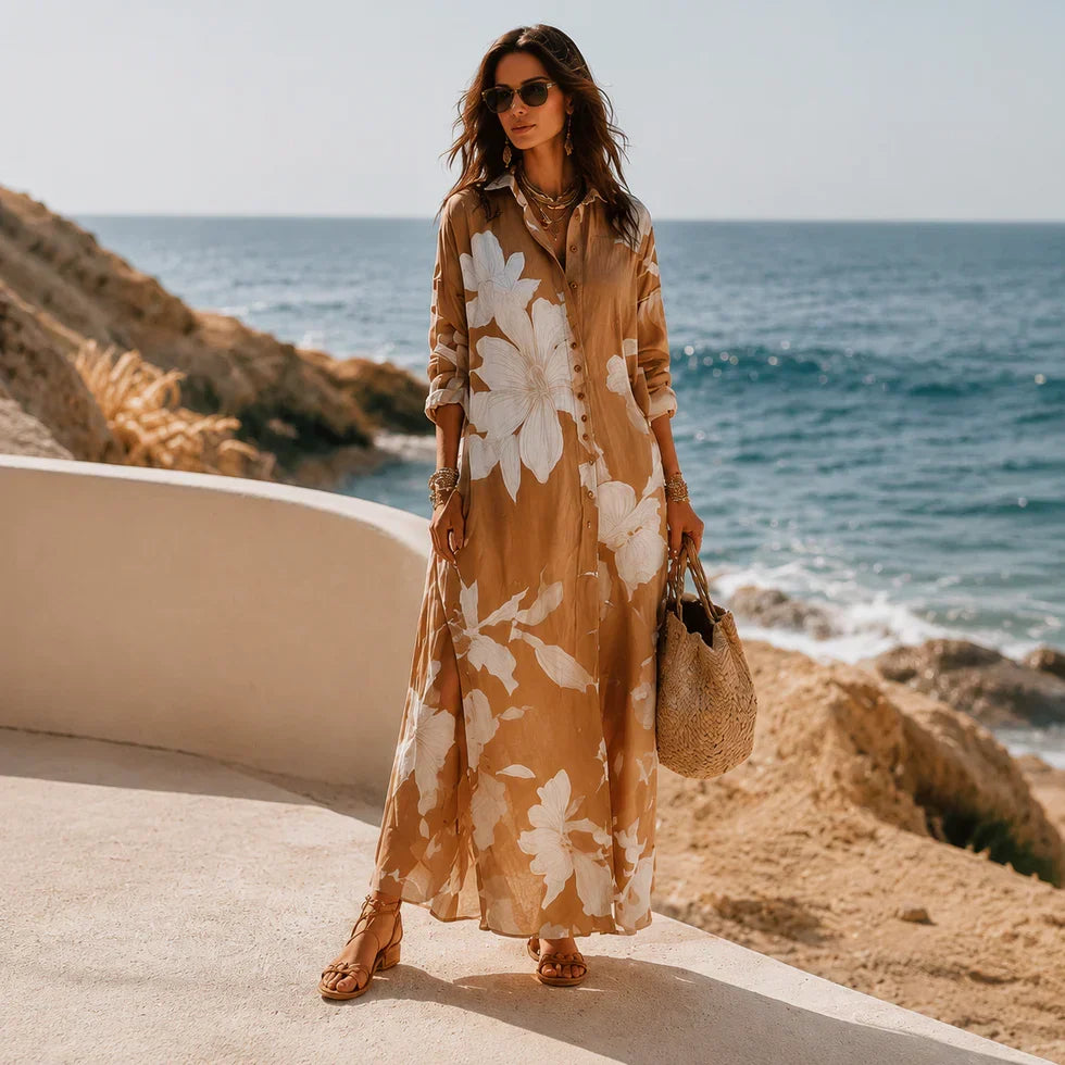 Sophia | Floral Shirt Maxi Dress with Spread Collar and Long Sleeves